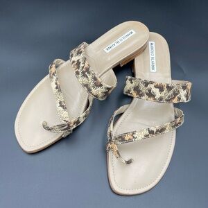 Manolo Blahnik Beige Susa Leopard Print Flat Slide Sandals EU Size 39